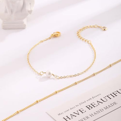 Cuzmly Bracelets for Women, Waterproof 14K Gold/Silver Plated Stackable Bracelets for Women Non Tarnish Trendy Dainty Paperclip Figaro Box Herringbone Hand Chain Bracelet Pack Stack Adjustable Jewelry for Women - style: 2 Single Pearl