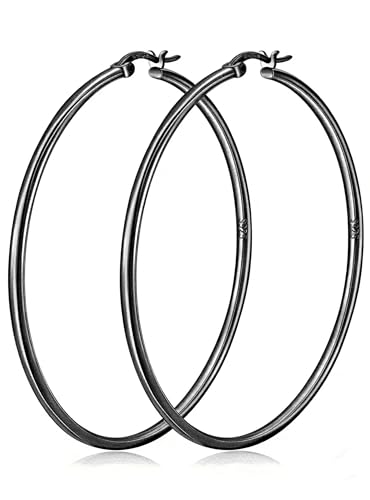 2mm Thin 14K Gold Plated Large S925 Sterling Silver Hoop Earrings for Women Hypoallergenic Big Hoop Non Tarnish Earrings Lightweight 20/30/40/50/60/70mm - color: Black-50mm