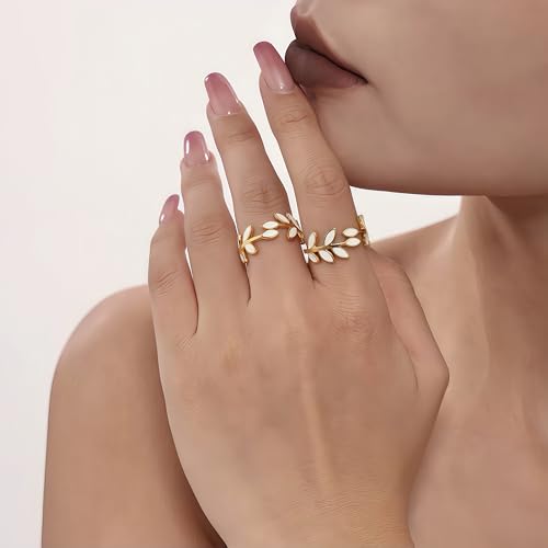 Mettclasi Women's 14K Gold Plated Stackable Ring Crystal Inlaid Dainty Trendy Cute Adjustable Open Twist Rings Jewelry Gifts - style: Leaf