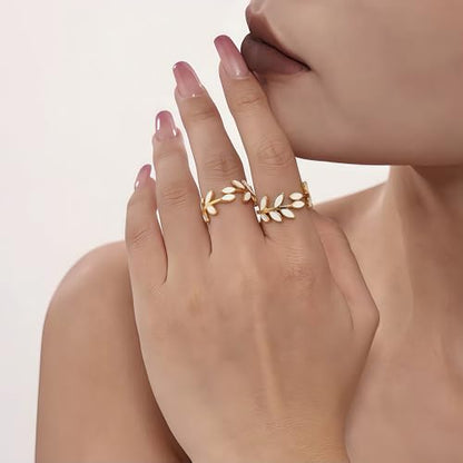 Mettclasi Women's 14K Gold Plated Stackable Ring Crystal Inlaid Dainty Trendy Cute Adjustable Open Twist Rings Jewelry Gifts - style: Leaf