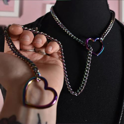Heart O Ring Slip Chain Choker Necklace for Women Men Stainless Steel Cuban Chain Y-shape Necklaces Punk Rock Collar Adjustable Lariat Y Necklace Prom Necklaces Jewelry - color: Multicolor