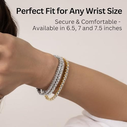 KISPER Tennis Bracelets for Women Gold Plated Round Cut CZ | 5A cubic zirconia simulated diamonds, 3mm & 4mm, 6.5-7.5 inches, box clasp, tarnish resistant, waterproof - color: White Gold