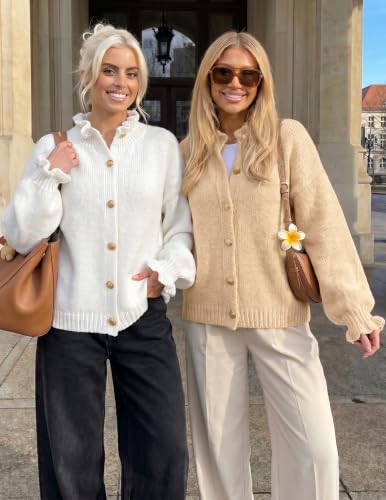 MEROKEETY Women's Fall Trendy Chunky Knit Cardigan Casual Ruffle Sweaters | Button Down, Long Sleeve, Cute Ruffle Collar, Mock Neck, Fashion Cozy Knit Sweater, Dressy Casual Winter Outerwear Clothes - color: White, size: Large