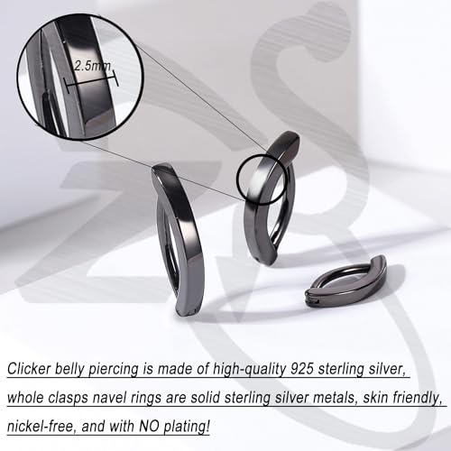 ZS 14G Clicker Belly Button Rings for Women, 925 Sterling Silver Belly Barbell Piercing Gold Reverse Curved Navel Barbell Body Jewelry - color: Black,Inner diameter:8mm