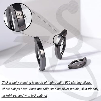 ZS 14G Clicker Belly Button Rings for Women, 925 Sterling Silver Belly Barbell Piercing Gold Reverse Curved Navel Barbell Body Jewelry - color: Black,Inner diameter:12mm