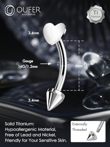 OUFER Rook Piercing Jewelry, G23 Solid Titanium Eyebrow Rings, Heart Vertical Labret Lip Jewelry, 16G Curved Barbells, Daith Rook Earrings for Women Men - color: Silver Heart, size: 16G 6mm