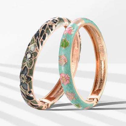 UJOY Cloisonne Bracelet Butterfly Hinge Indian Cuff Bangle Enameled Jewelry Flower Bracelets for Women Gift Box 55A114 - color: A67-2 Pcs Set-Green