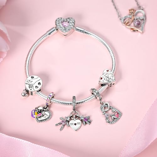 Hapour 925 Sterling Silver Charm for Bracelet Necklace Women Pendant Beads | Virgin Mary Charm, Religious Cross Heart Dragon European Jewelry Mom Charm - color: Mom Forever Love