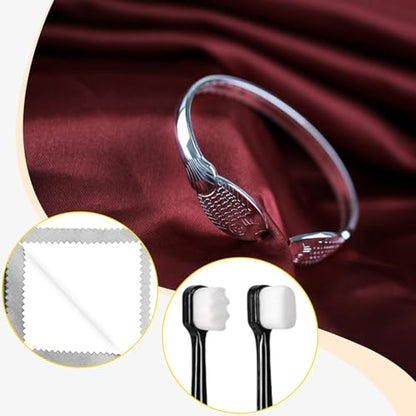 Yiju 2 Pieces Jewelry Cleaning Cloth Silver Cleaning Cloth Kit Silver Jewellery Cleaner Kit Double Sided Use Multifunctional with 2 Brush Flannel PP, Black and Light Gray - color: Black and Light Gray