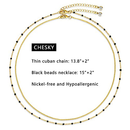 CHESKY 14K Gold Plated Silver Dainty Satellite Choker Necklace for Women | Layered Beaded Chain Necklace, Thin Choker Jewelry, Dainty Gold necklace, Minimalist Trendy Jewelry, Daily Gift for Women - style: black beads
