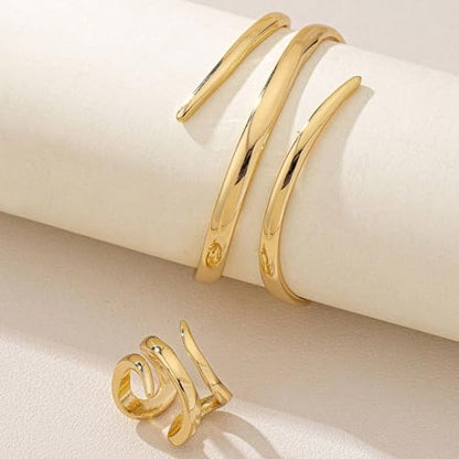 Gold Jewelry Sets for Women Bangle Ring Set Chunky Bangle Bracelet And Ring Statement Jewelry Set for Women - style: Gold-C