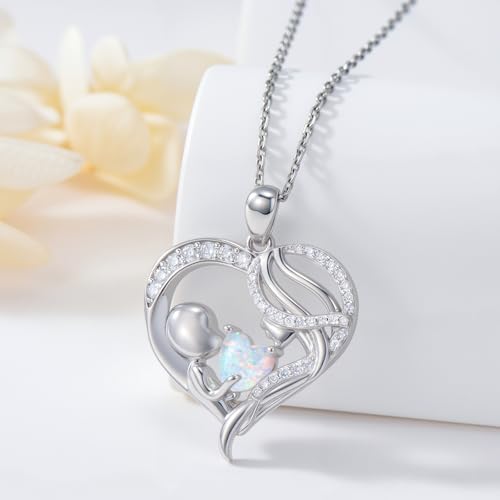 925 Sterling Silver Necklace Gifts for Women Crystal/Opal Jewelry Pendant Christmas Birthday Gift - style: Mother and Child