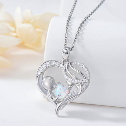 925 Sterling Silver Necklace Gifts for Women Crystal/Opal Jewelry Pendant Christmas Birthday Gift - style: Mother and Child