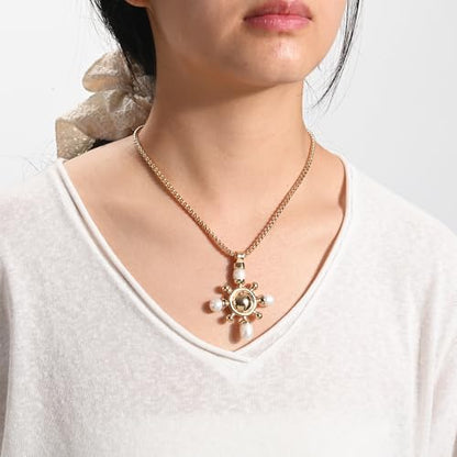 14K Gold Plated Two Sides Carved Stone Heart Shape Necklace for Women Love Pendant Necklace Jewelry for Daily and Gifts - color: Cross&pearl