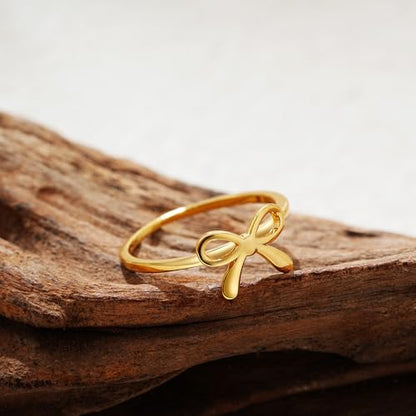 Bow Rings for Women Dainty Bow Tie Band Ring 18K Gold Plated Cute Thin Engagement Knuckle Bow Rings Gold Bowknot Small Stacking Ring Valentines Day Bow Ring for Her Trendy Jewelry - color: Gold 7
