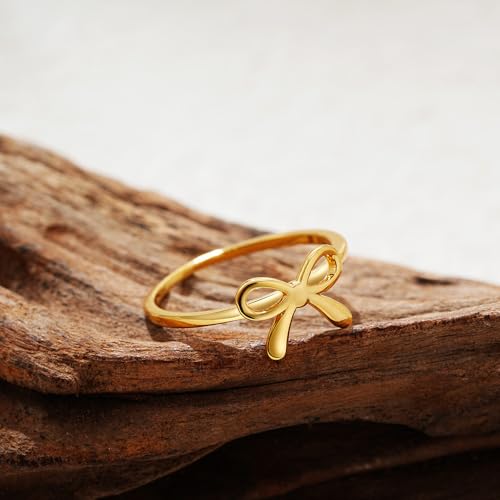Bow Rings for Women Dainty Bow Tie Band Ring 18K Gold Plated Cute Thin Engagement Knuckle Bow Rings Gold Bowknot Small Stacking Ring Valentines Day Bow Ring for Her Trendy Jewelry - color: Gold 8