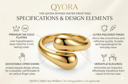Adjustable Gold Teardrop Ring for Women - 18K Gold Plated Minimalist Open Wrap Water Drop Ring, Bold Chunky Statement Jewelry, Gift for Her