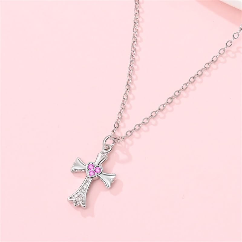 925 Sterling Silver Dainty Necklaces for Women Pendant Jewelry Gift for Her | Hypoallergenic Ocean Animal Love Cherry Blossom Jewelry, Ideal Valentine Birthday Christmas Graduation Gift for Wife Mom - color: Pink Heart Cross