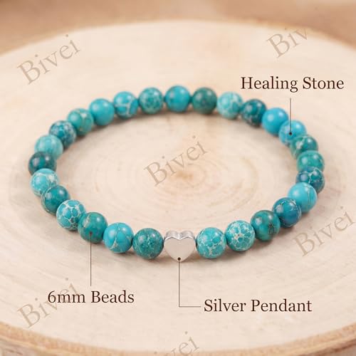 Bivei Crystal Stretch 6mm Bracelets for Women | Handmade Natural Stone Beaded Stretch Bracelet, Stainless Steel Heart Bead, Tranquility Yoga Gift Jewelry for Women - color: Sea Sediment Jasper - Grounding