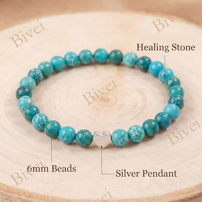 Bivei Crystal Stretch 6mm Bracelets for Women | Handmade Natural Stone Beaded Stretch Bracelet, Stainless Steel Heart Bead, Tranquility Yoga Gift Jewelry for Women - color: Sea Sediment Jasper - Grounding