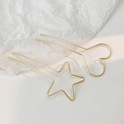 Retro Hair Pins, U-Shaped Hair Sticks, Heart Styling Hair Forks - Simple Metal Heart and Star Design Hairpins for Women and Girls 2Pack
