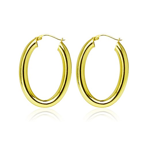 Hoops & Loops 925 Sterling Silver 4.5mm Thick Oval Diamond-Cut Hoop Earrings, 25mm 30mm, Silver, Yellow Gold, Rose Gold & Black - color: Yellow Gold 25mm-1''