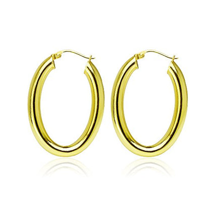 Hoops & Loops 925 Sterling Silver 4.5mm Thick Oval Diamond-Cut Hoop Earrings, 25mm 30mm, Silver, Yellow Gold, Rose Gold & Black - color: Yellow Gold 25mm-1''