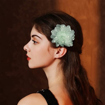 13cm/5in Beaded Mesh Flower Brooch Pin for Women Girls Dainty Round Shell Pearl Ball Beads Camellia Peony Flowers Brooches Lapel Hair Pins Elegant Wedding Anniversary Accessories Jewelry - color: Green