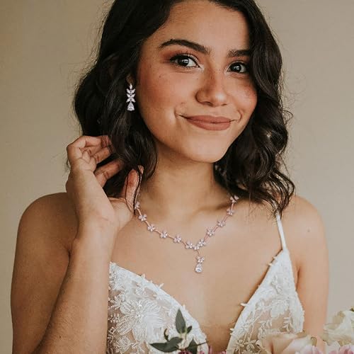 Crysdue Women's Wedding Bridal Jewelry Set for Brides Bridesmaids Cubic Zirconia Flower Leaf Vine Necklace Dangle Earrings for Prom Party - style: 17-rose gold