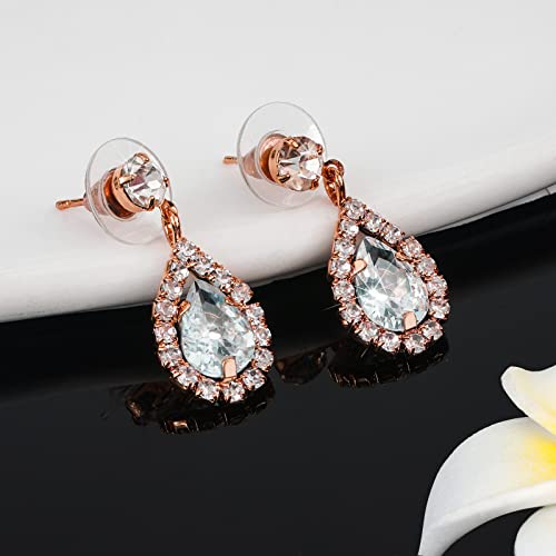 CIEHER 4/5 Pieces Women Jewelry Set - Rhinestone Crown + Drop Necklace + Elegant Bangle Bracelet + Crystal Teardrop Dangle Earrings for Bridal Wedding Party - color: Rose Gold