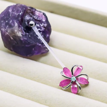 VERAMI 14G 38mm Pregnancy Belly Button Rings Flexible Bioplast Long Bar Flower Belly Rings for Maternity Clear Navel Piercing Retainer - color: Silver-pink flower