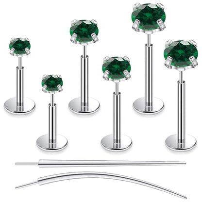 F136 Titanium 20/18/16G Earrings Nose Lip Rings Medusa Tragus Cartilage Helix Labret Flat Back Threadless Implant Grade Stud Piercing Jewelry for Women - color: Green CZ, size: 16g*6/8/10mm*2/3/4mm