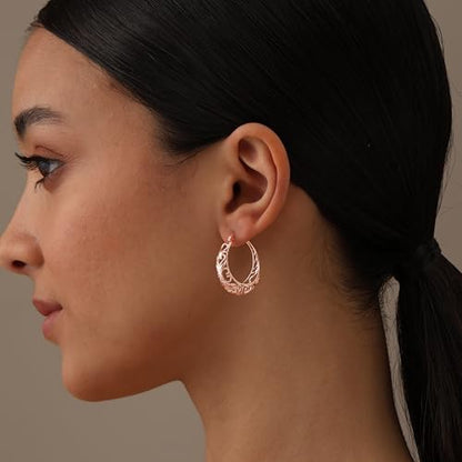 LeCalla 925 Sterling Silver Chunky Hoop Earrings | Filigree Heart Hoop Earrings for Women | Oval & Round Mesh Filigree Click-Top Hoops Earring | Hypoallergenic Earrings for Women - color: Rose Gold Round Filigree 27MM
