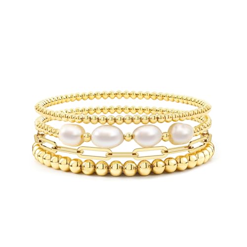 Badu Gold Beaded Bracelets for Women Boho Crystal Multiple Layered Stackable Wrap Bangle Set Paperclip Chain Trendy Jewelry - color: Gold-pearl