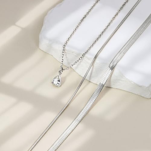 Layered Necklaces for Women,14k Gold Plated Dainty Necklace Stack Set Non Tarnish Adjustable Silver Stainless Steel CZ Heart Circle Pendant Paperclip Choker Herringbone Snake Chain Jewelry - style: CZ Layered Necklace-Silver