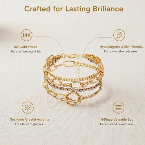 14K Gold Plated Layered Bracelet Set for Women, Boho Stackable Crystal Link Chain Bangles, Stacked Gold Bracelets Elegant Jewelry Gift for Wedding, Anniversary, Birthday