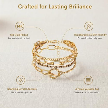 14K Gold Plated Layered Bracelet Set for Women, Boho Stackable Crystal Link Chain Bangles, Stacked Gold Bracelets Elegant Jewelry Gift for Wedding, Anniversary, Birthday