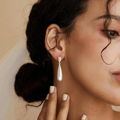 LLWOM Earrings for Women - 14K Gold Plated CZ Teardrop Dangle Earrings | Dangling Earrings for Women Trendy, Hypoallergenic Jewelry Gift for Wedding/Party/Prom/Daily, Elegant Drop Earring Stud - color: Silver CZ Teardrop