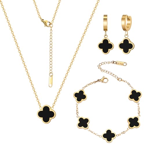 18K Gold Plated Lucky Clover Jewelry Set, Birthday Gifts for Women | Stainless Steel Hypoallergenic,Black White Red Four Leaf Clover Bracelet Necklace Earrings set, Daily Wear, Gifts for Women - color: Clover Set-Black