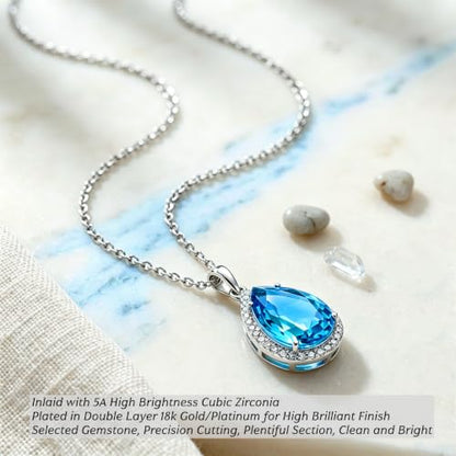 VONSSY Classic Oval Pendant Gemstone Necklace | Crystal Ruby Sapphire Waterdrop Birthstone Teardrop Emerald Necklace | 18K Platinum Gold Plated Chain | Jewelry Gift for Mother Wife Girlfriend - color: NL-Light Blue-Platinunm