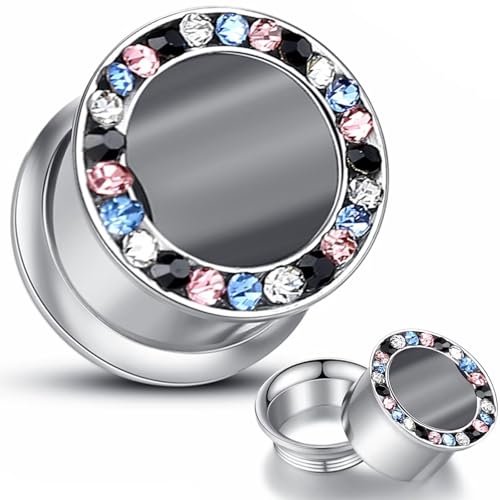 WBRWP 2pcs Hollow Gold Stainless Steel with Zircon Ear Plugs Tunnels - Ear Expander - Ear Gauges Stretcher Body Piercing Jewelry 8g-5/8 - color: Silver with Colorful CZ