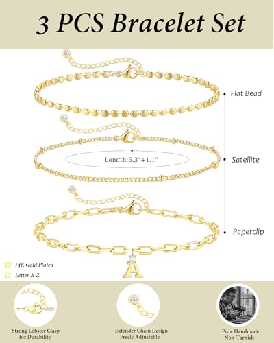 ZHESHY Gold Initial Bracelets for Women Dainty Letter A-Z Charm Bracelets Non Tarnish 14K Gold Plated Stackable Layered Paperclip Link Chain Bracelets Stack Set Personalized Gifts Womens Jewelry - color: Gold U