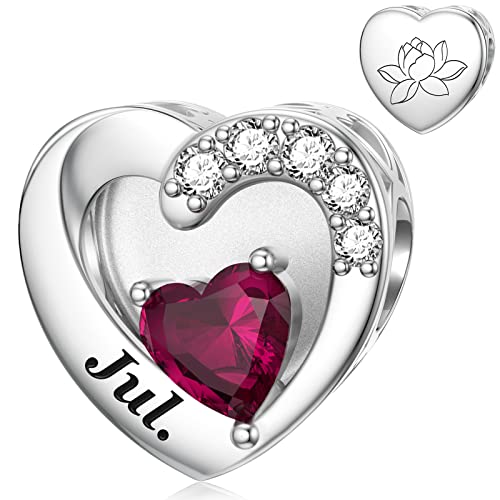 SEVENWELL Jan-Dec Birthstone Charms for Pandora Bracelets, Heart Charm | Fits Most European Charm Bracelets, Sparkling Heart CZ, Birth Flower Engraved, Gift Ready, Nickel-Free - color: July Birthstone Charm