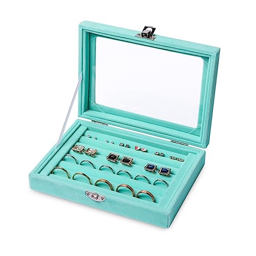 Tiny Velvet Ring Organizer Tray, 7 Slots Ring Jewelry Storage | Ring Storage,Ring Holder For Women,Ring Display,Ring Storage With Velvet Lining,With Clear Lid,Drawer Insert Jewelry Storage - color: Turquoise, size: 7 Slots