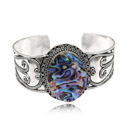 Silver Plated Statement Cuff Bangle Bracelet for Women – Handcrafted Wide Boho Bracelet with Natural Stone Inlay (Abalone Shell, Blue Turquoise, Malachite) Ideal Gift For Birthday Anniversaries Adjustable Fashion Jewelry - color: Abalone Shell