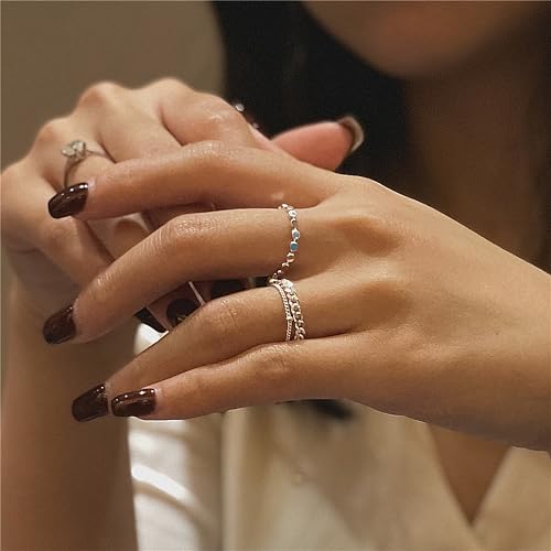 925 Sterling Silver Adjustable Link Chain Rings for Women Daughter | Dainty 14k Gold Plated Evil Eye/Cross/Flower Ring Sparkly Twist Rope with Bead Dangle Stackable Ring Jewelry Birthday Gifts - color: Style 3-Silver