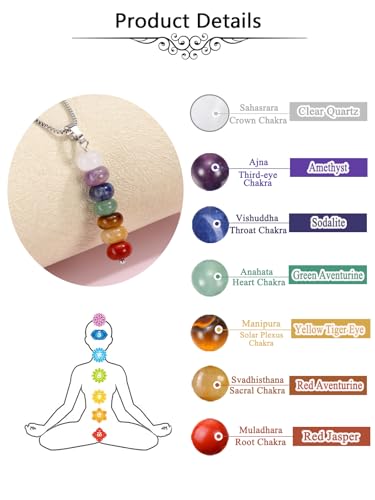 Jovivi Natural 7 Chakras Rondelle Healing Crystals Necklace | Abacus Gemstone beads Pointed Chakra Pendant Necklace for Anxiety Stress Relief Balancing Meditation