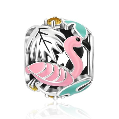 S925 Charms for Bracelets and Necklaces, Gifts for Mothers Nurses Day Graduation, for Girlfriend Family Friend, Bead Pendant, for Pandora, Silver 14K Gold Plated Enamel CZ, DIY Jewelry Making - style: Flamingo Charm