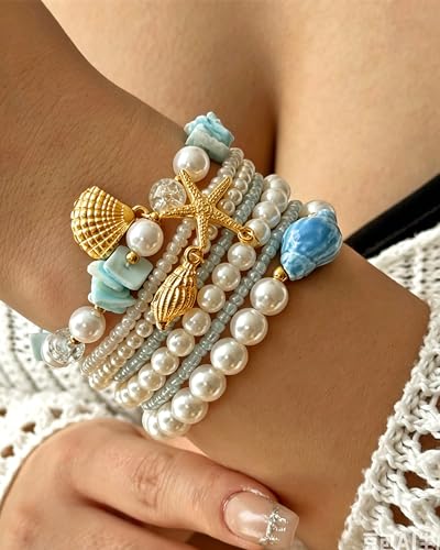 Shell Bracelets for Women Layered Seashell Starfish Bracelets Stackable Stretch Boho Beaded Bracelet Summer Beach Surfer Bracelet Seaside Beach Dress Outfits Accessories - color: B5:blue shell bracelets
