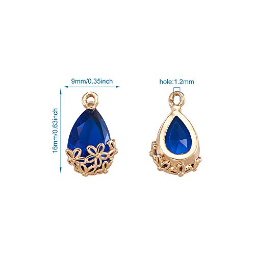 FASHEWELRY 50Pcs Faceted Teardrop Glass Pendants Transparent Crystal Drop Charms with Light Gold Brass Flower Setting for DIY Bracelet Necklace Earring Jewelry Craft Making 16x9mm - color: Medium Blue